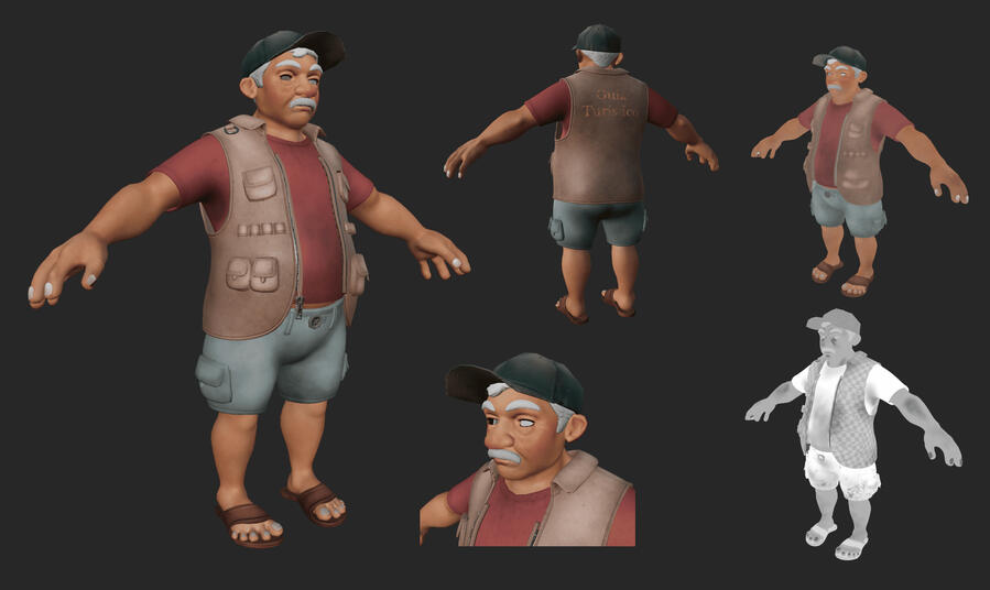 Main character: &#39;Don Perico&#39;. Pretends to be a local guide and fisherman He poaches axolotls for the black market.(eyes are a separate rig)